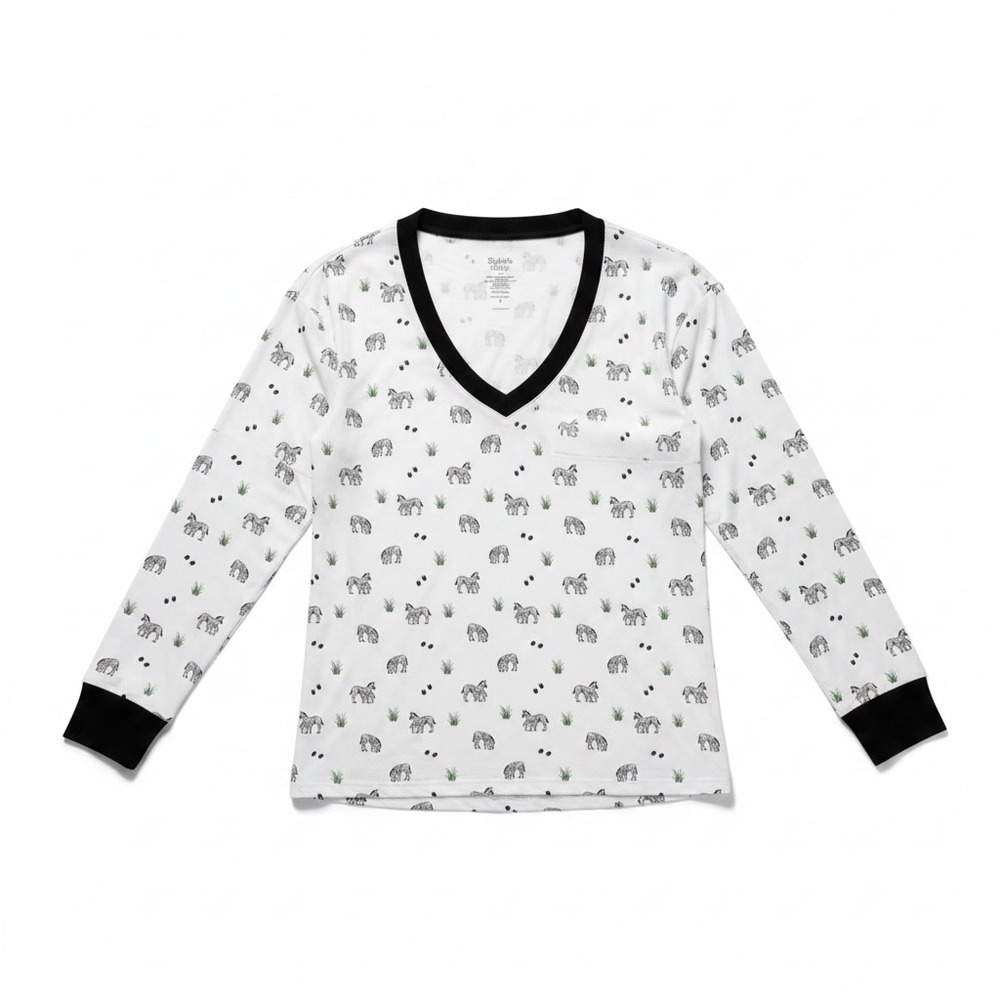 Bubble Baby Zebra Print Bamboo V-Neck Long Sleeve Pajama Top White Black S/M